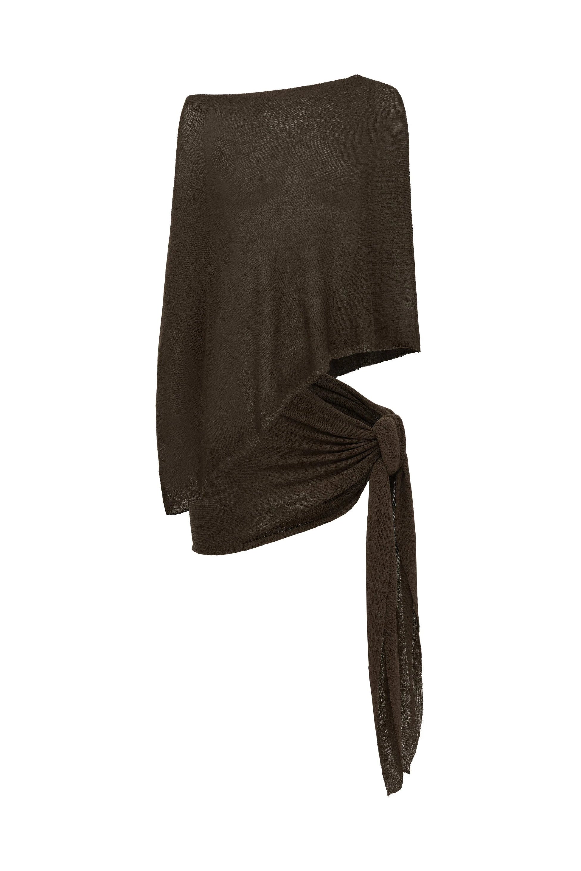Brown top and wrap-style skirt on a white background