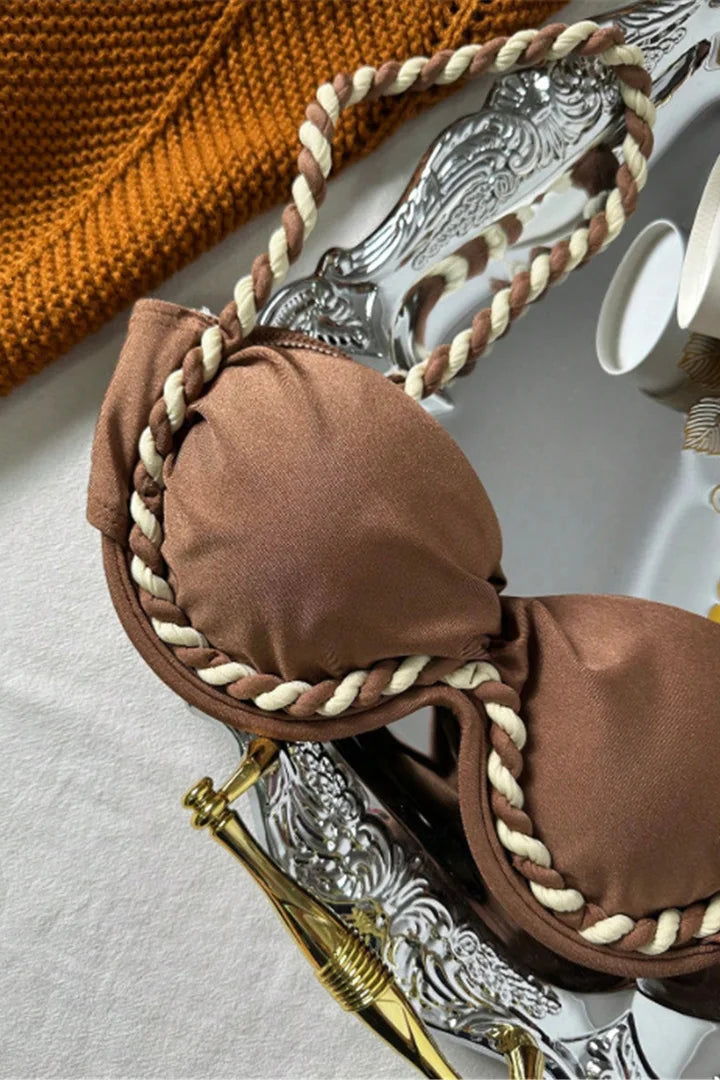 Brown underwire padded bikini top with twisted trim
