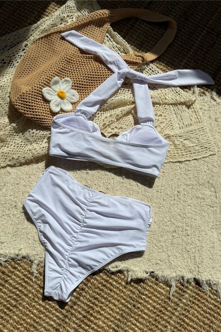 Buy bikini Solid Color Halter Scrunch Butt High Waist Bikini Set