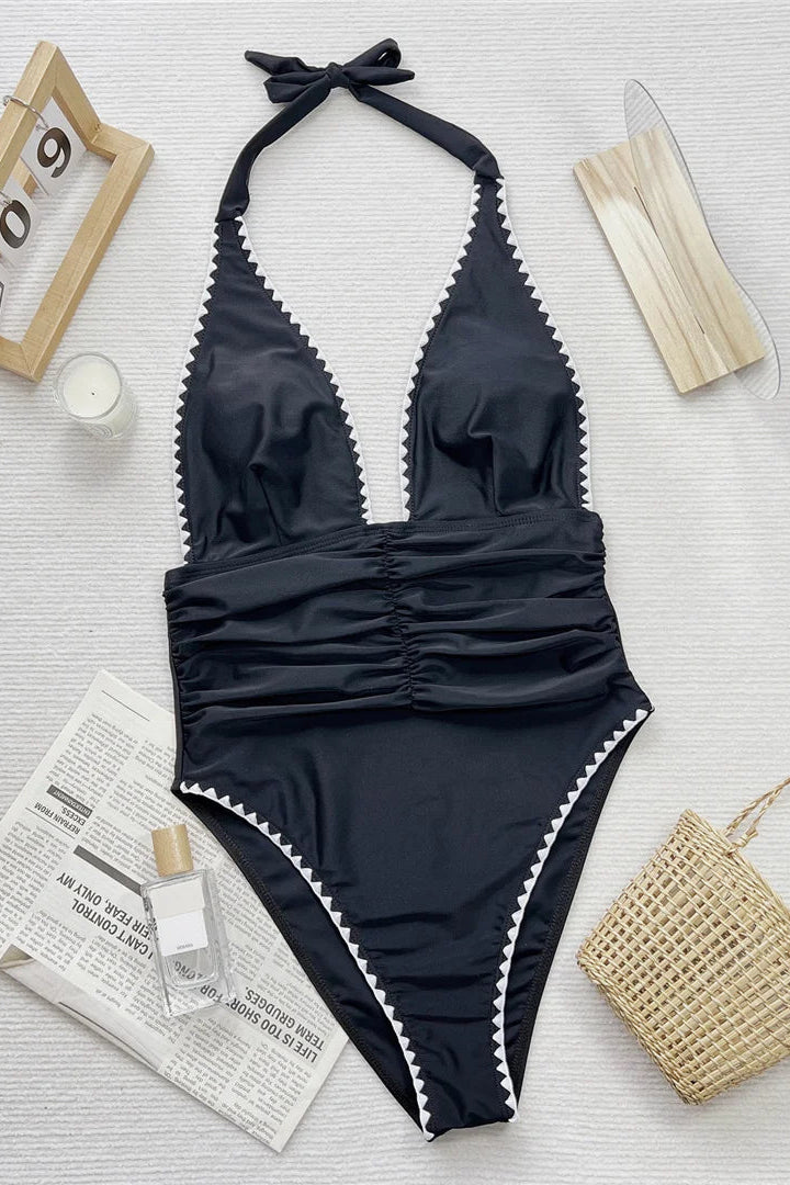 Buy bikinis online Sexy Deep V Snake Skin One Piece Swimwear