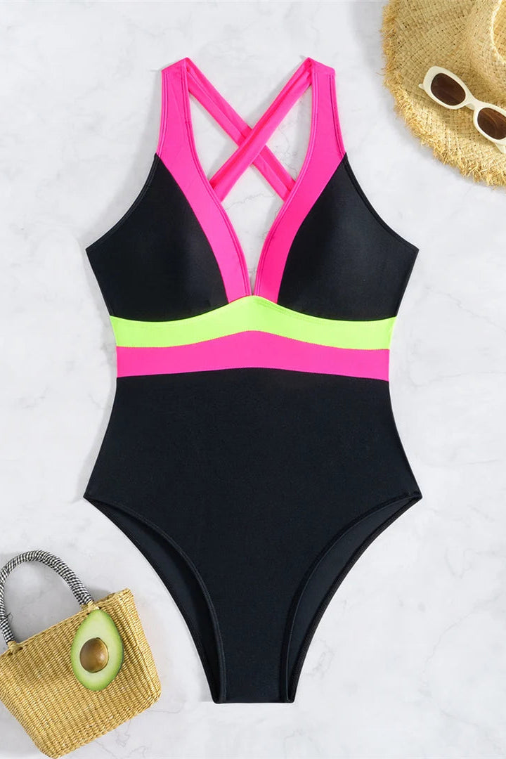 Buy bikinis online Splicing V Neck Cross Back One Piece Swimwear