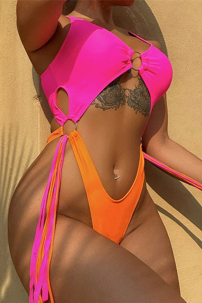 Buy bikinis online Tummy Cutout Fringe Tassel One Piece Swimsuit