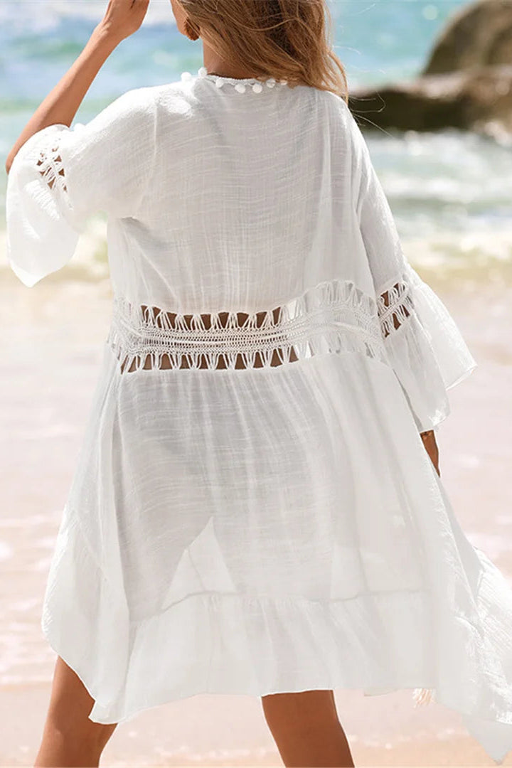 Chic V-neck tunic with half flared sleeves and splicing details in crochet knit