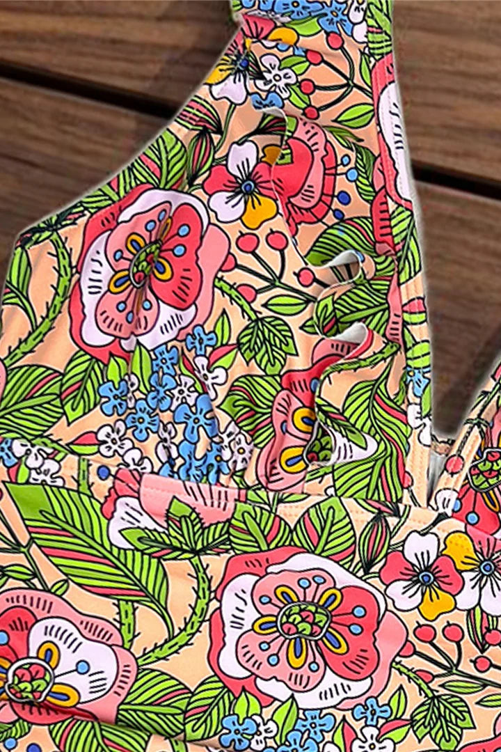 Close up of Boho Floral patterned padded halter swimsuit from Dcostaa.com