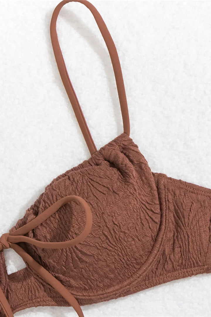 Close up of Brown padded Wrinkled Underwired Knotted Bikini Set