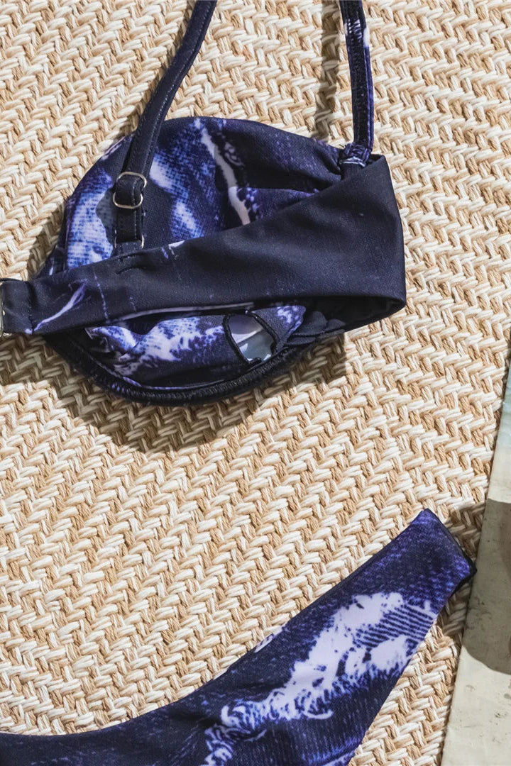Close up of Navy blue padded bikini top for women