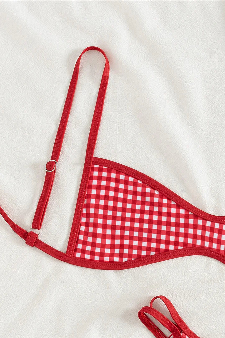 Close up of Non padded lace up back red plaid bikini set