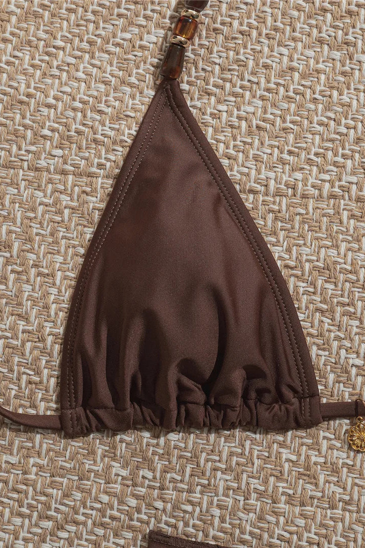 Close up of brown bikini padded halter neck top