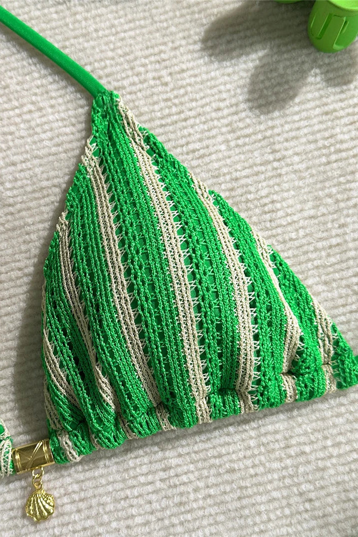 Close up of green and white striped bikini top