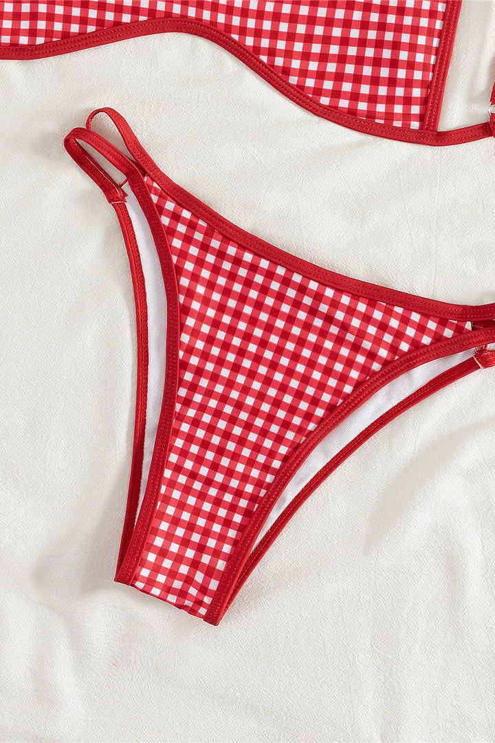 Close up of red plaid bikini bottom