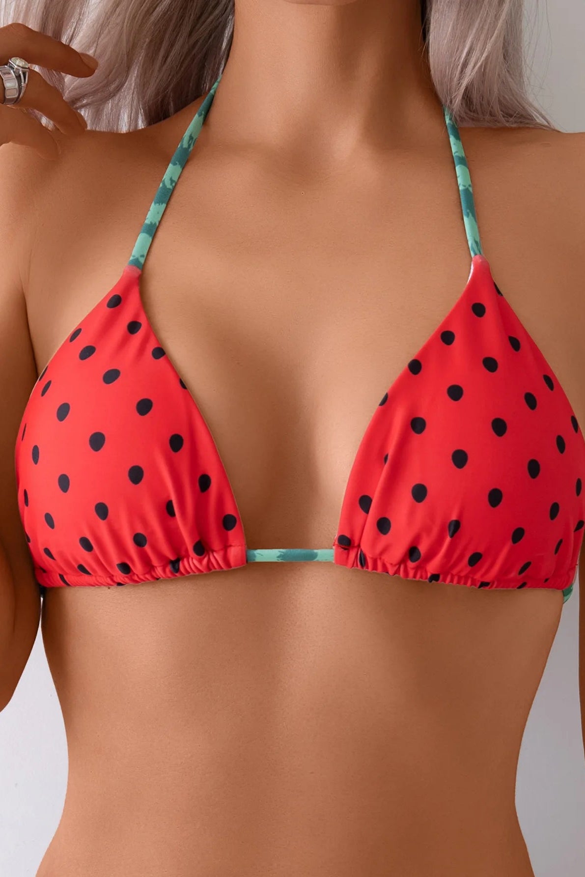 Close up of watermelon print padded bikini 