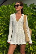 Collared V Neck Boho Striped Knit Beach Mini Cover Up