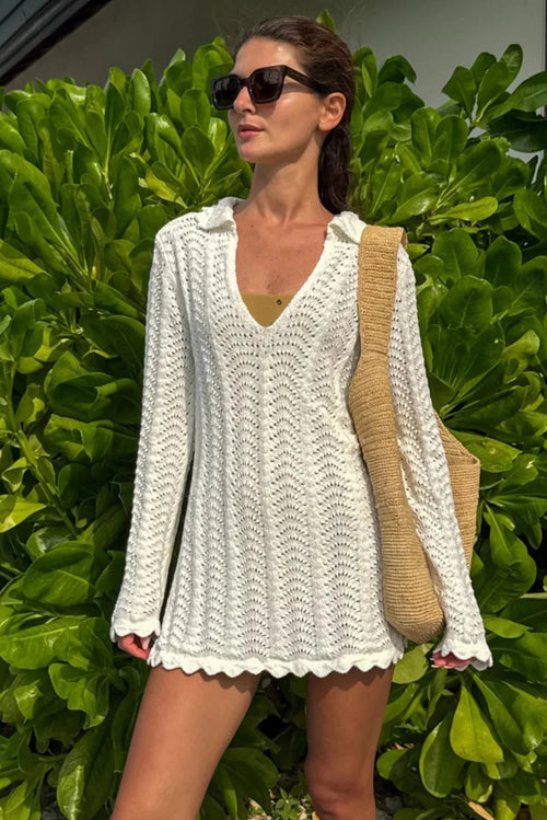 Collared V Neck Boho Striped Knit Beach Mini Cover Up