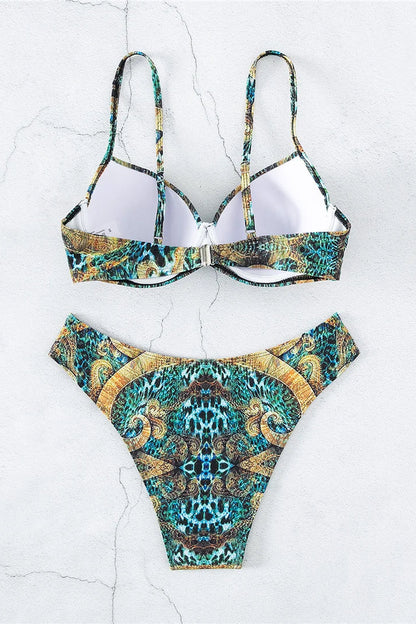 Colorful bikini set with a geometric pattern on a white background