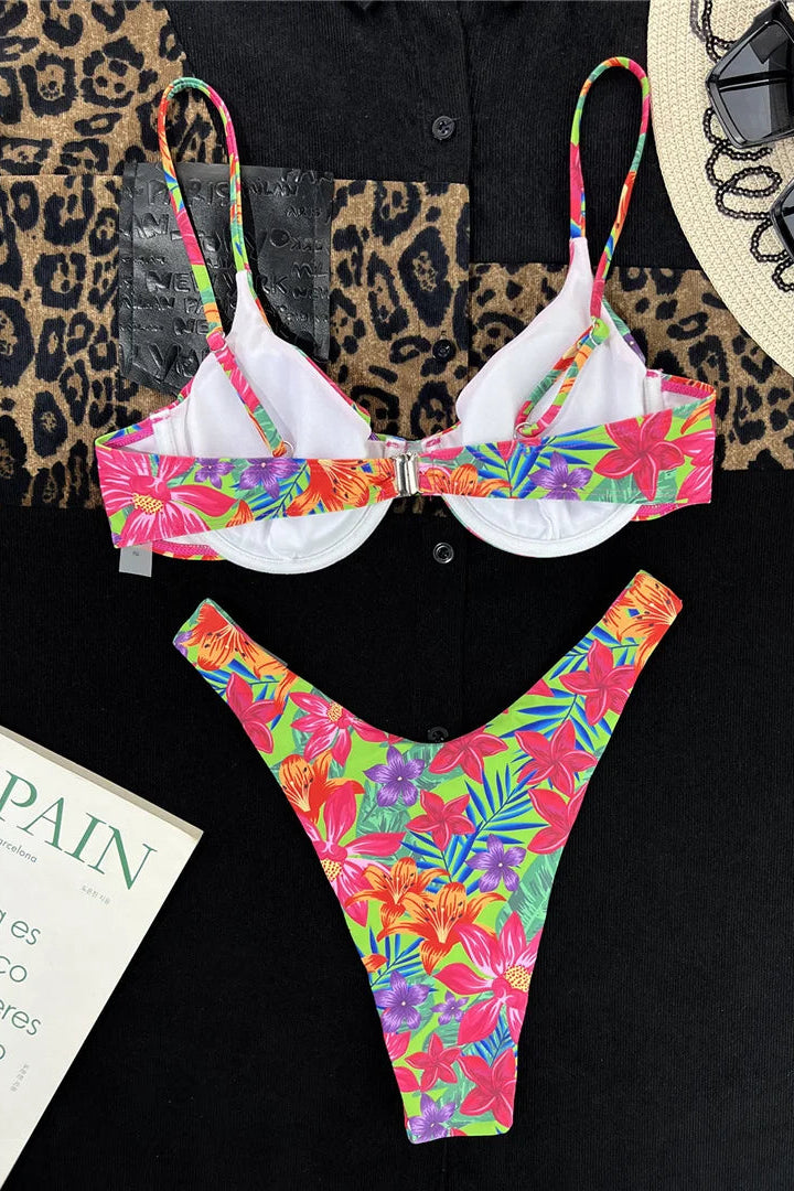 Colorful floral bikini set with low rise bottoms
