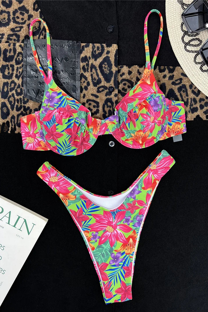 Colorful floral underwire bikini set