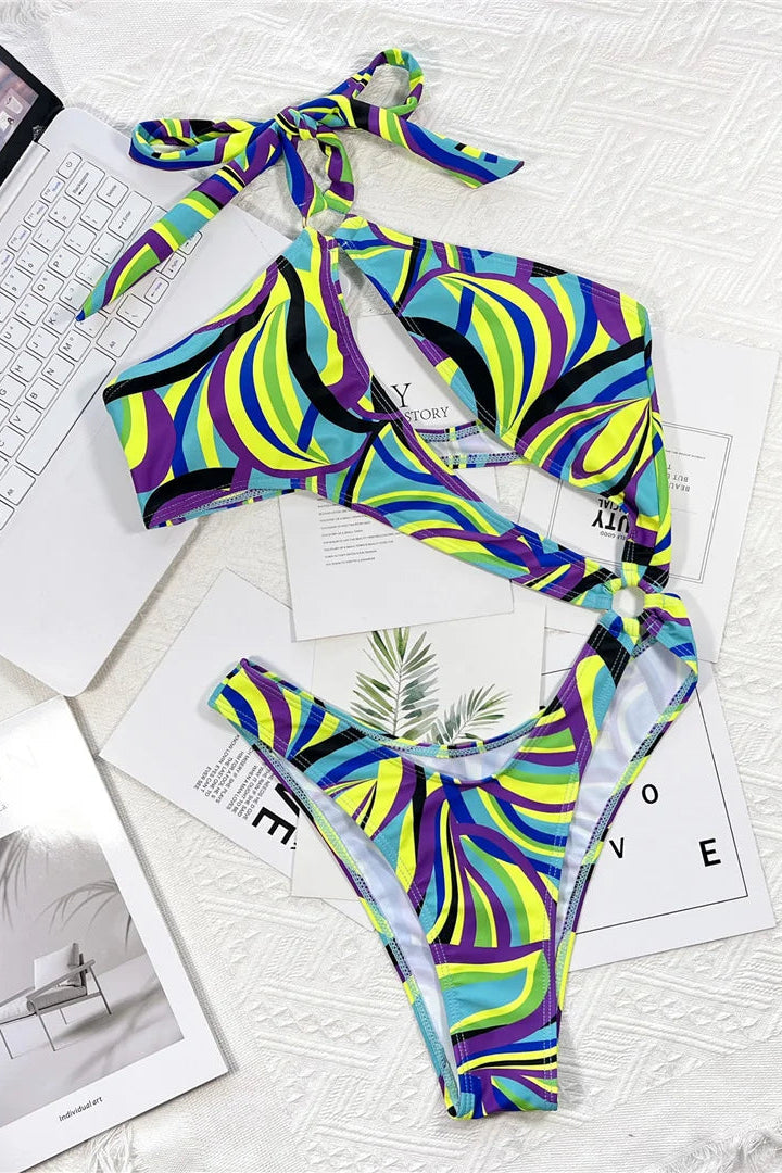 Colorful halter neck abstract pattern one piece
