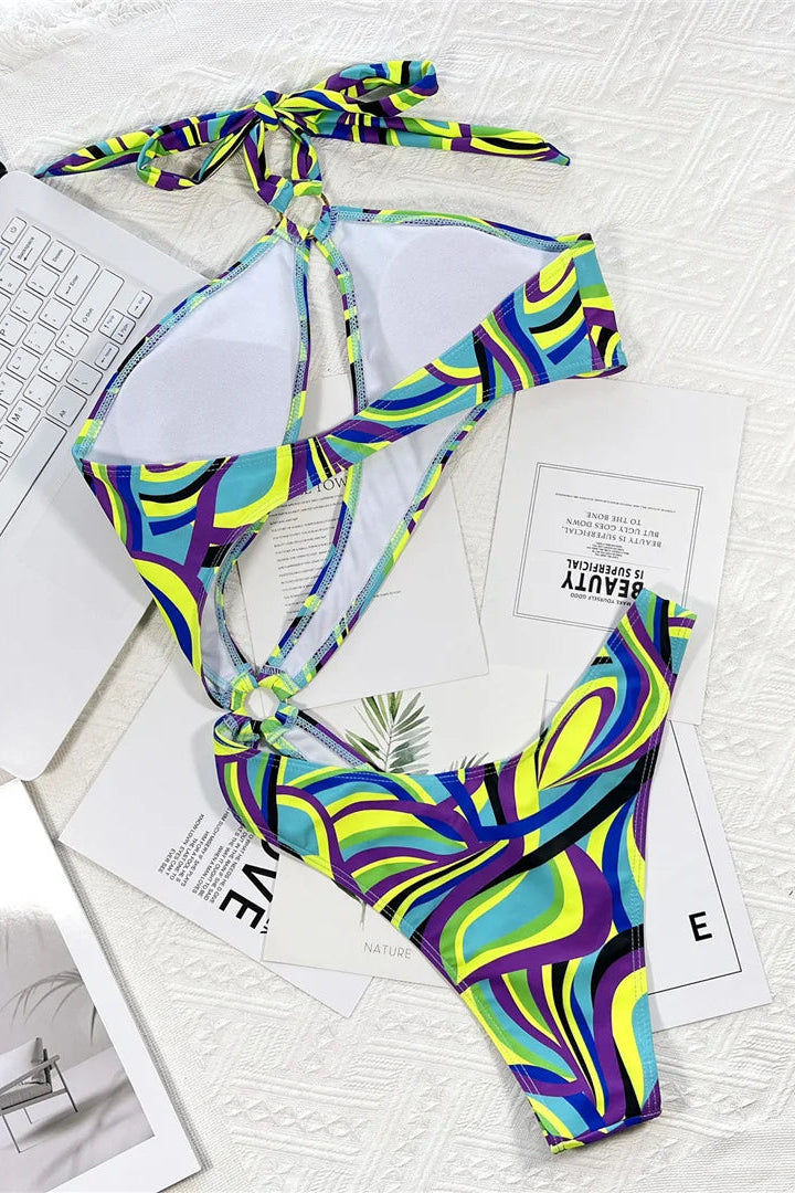Colorful halter neck abstract pattern padded cutout monokini