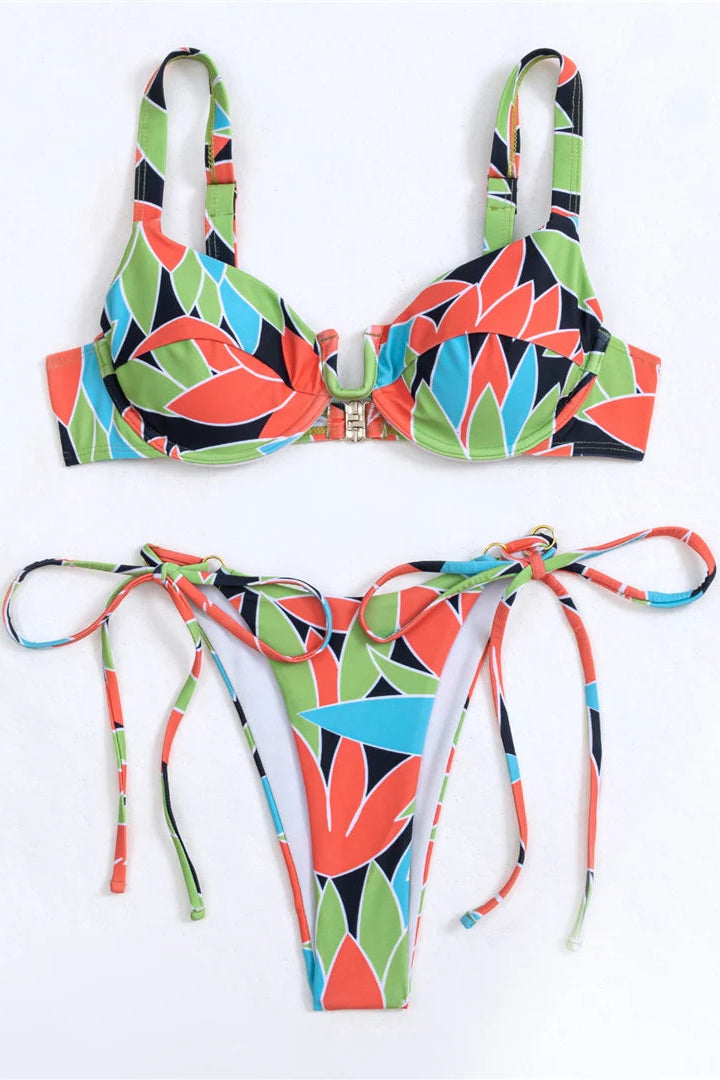 Colorful under wire bikini set with geometric pattern