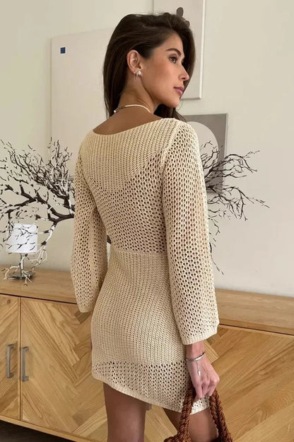 Cream crochet Summer Knit Dress – V-Neck Beach Cover-Up