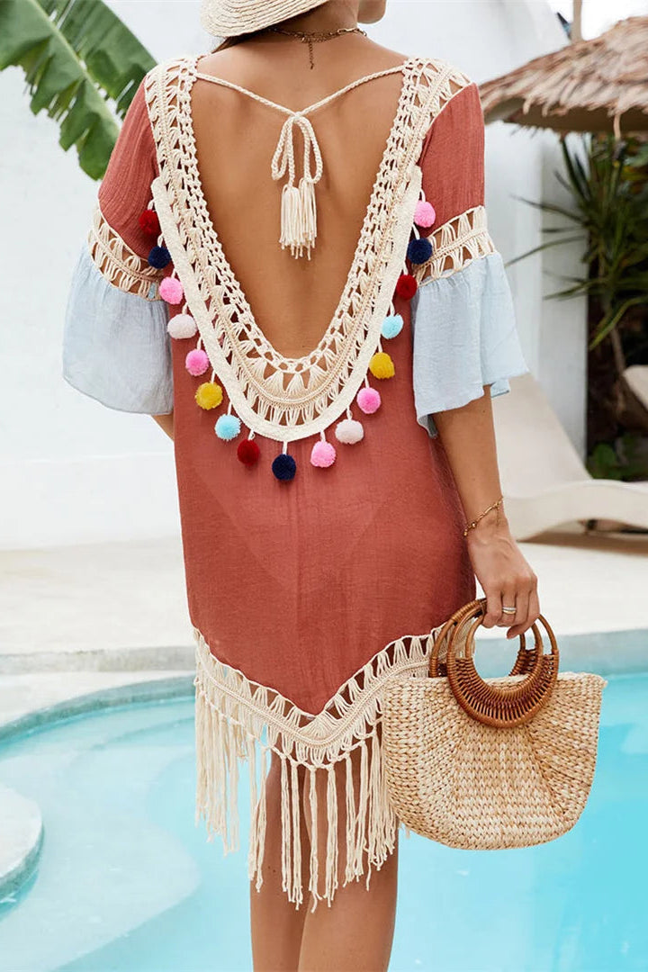 Crochet Tassel & Pom Pom Half Sleeve Knit Beach Tunic Cover Up