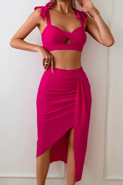 Dark Pink Bikini Set with Sarong Cover-Up 