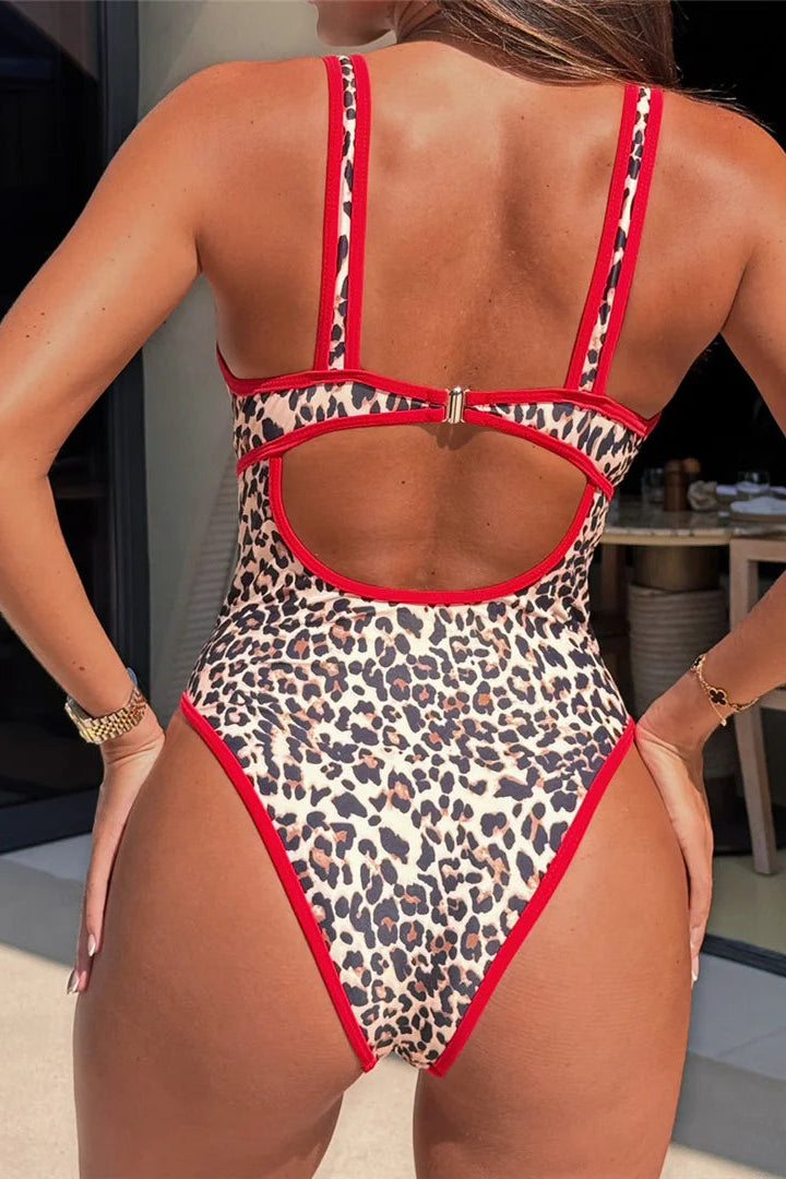 Dcostaa Leopard Print Deep V Backless Swimsuit