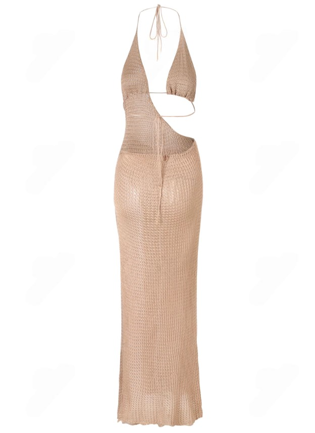 Slim Knit Halter Maxi Dress – Low-Cut Beach Cover-Up with Cut-Out & Circle Detail