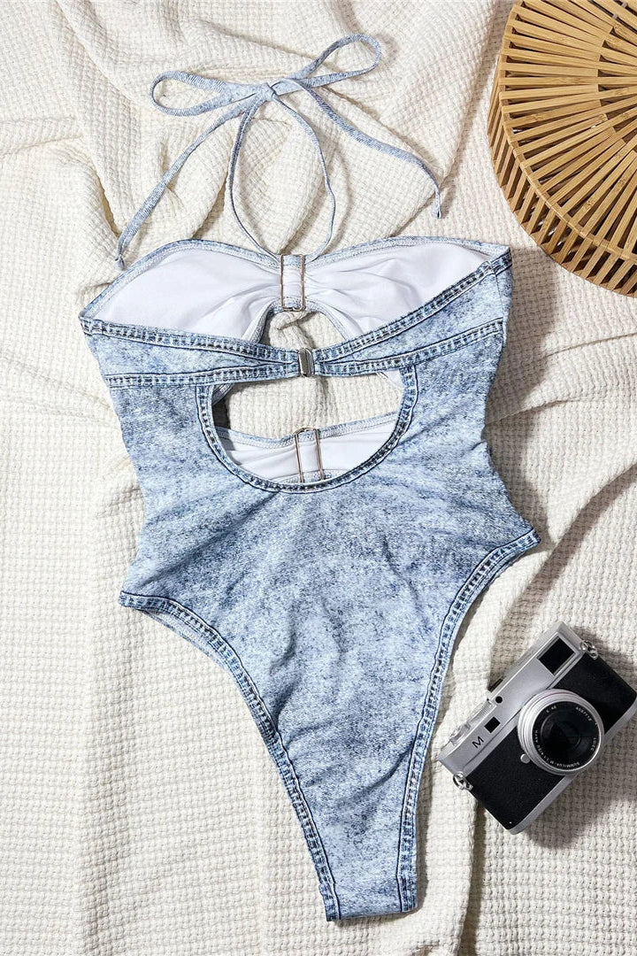  Denim Print Halter Cut Out 