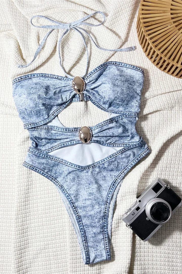  Denim Print Halter Cut Out One Piece 