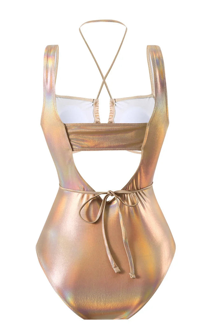 Designer bikinis Shiny PU Faux Leather Cut Out Halter Monokini