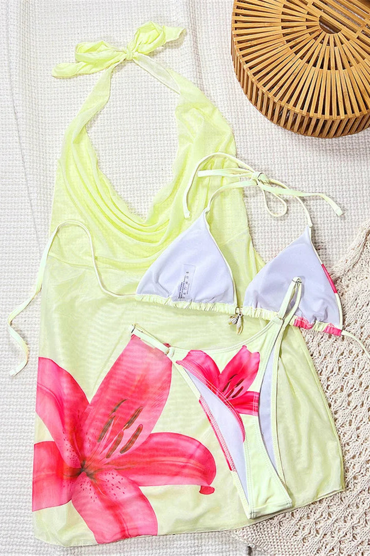 Elegant cream bikini set featuring a coordinated three-piece design for sophisticated beachwear and chic resort wear styling.