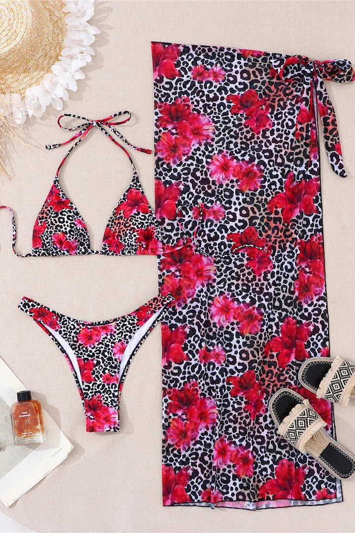 Floral and leopard print bikini set with matching sarong 