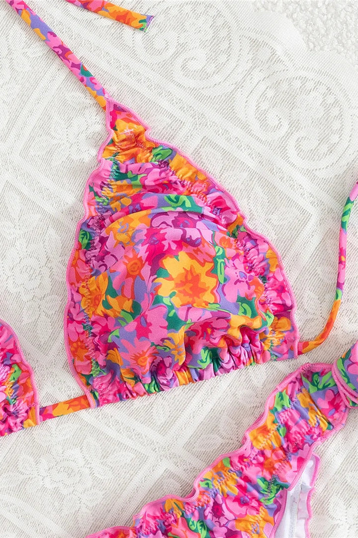 Floral pink halter neck bikini set
