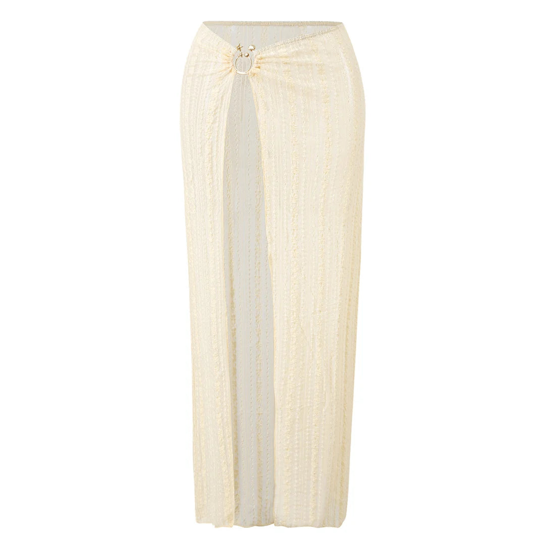 Flowy long sarong cover up skirt includes a convenient side slit for easy walking and leg elongation