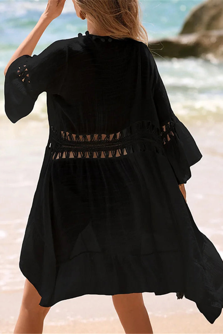 Flowy short tunic see through black lace up cover up