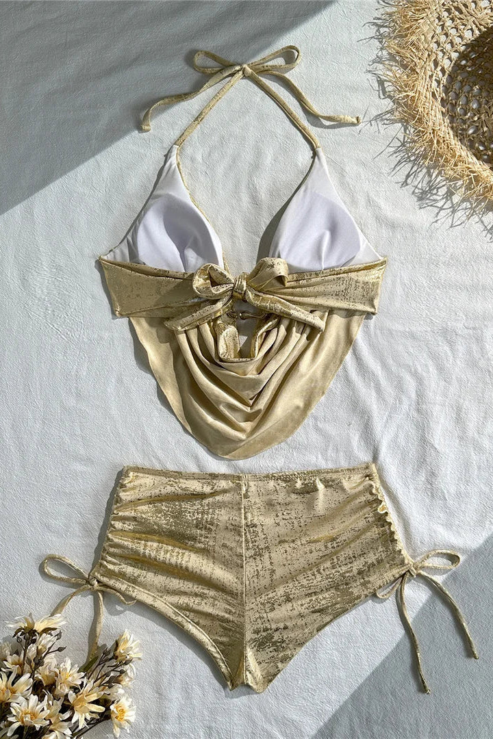 Gold bikini set Crafted from soft polyamide, polyester, and elastane for flexibility, durability,