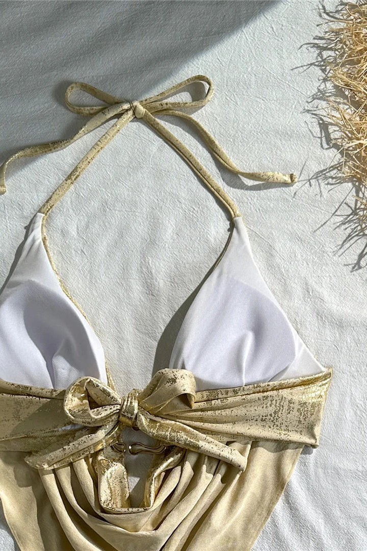 Gold bikini top with a halter neck padded lace up back