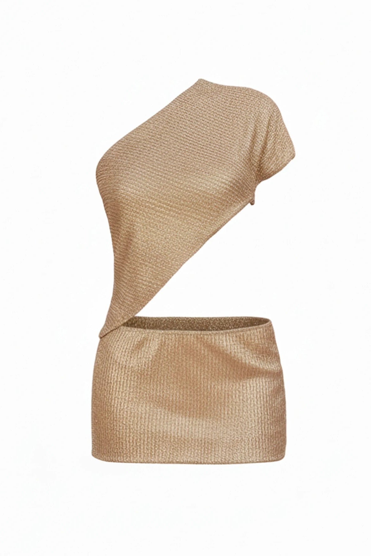 Gold one-shoulder top and skirt set on a white background