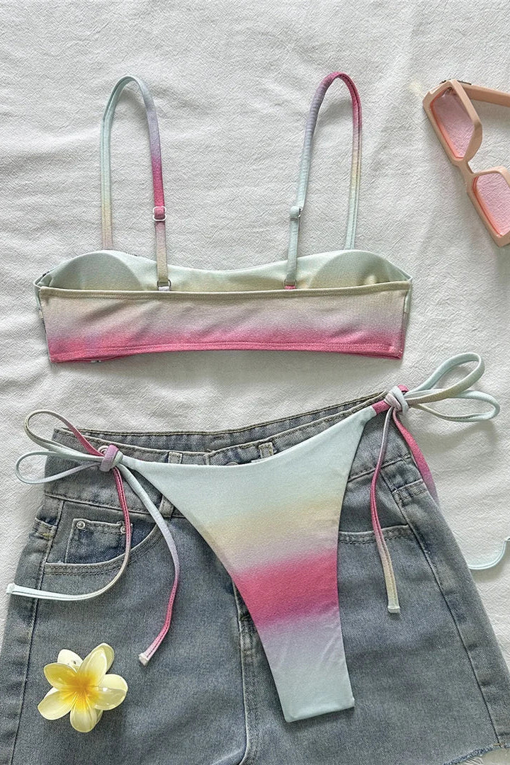 Gradient Wire-free bikini top with padding and lace up bottom