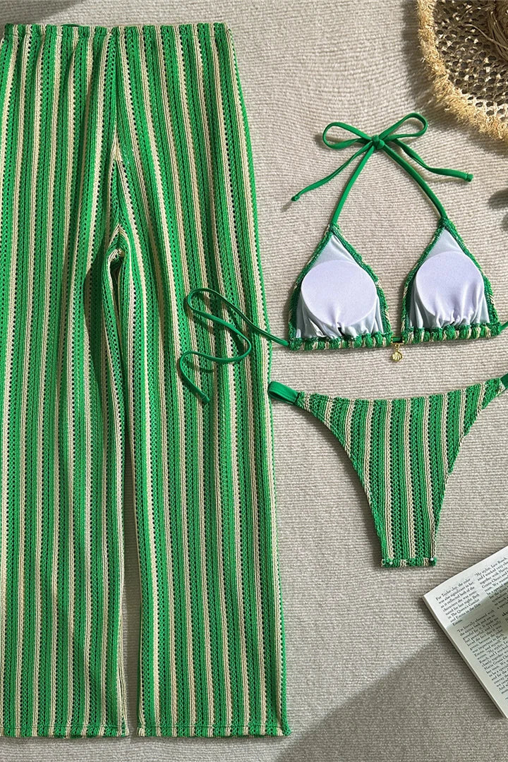 Green and white striped bikini set with matching cover up pants 