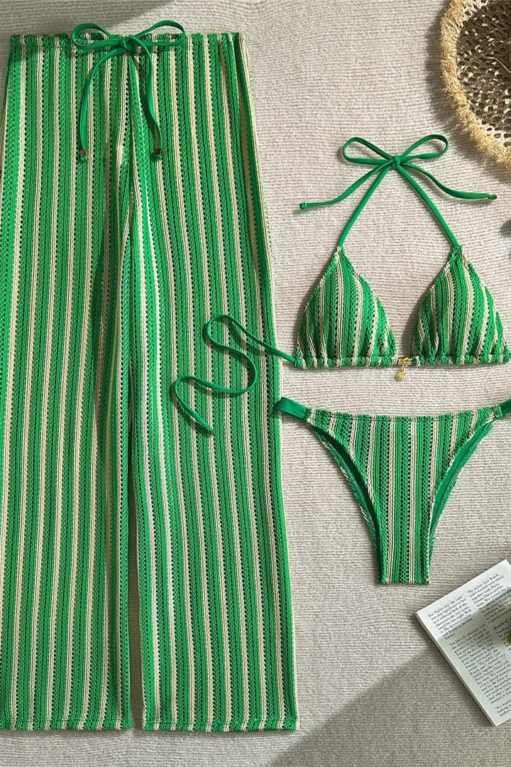 Green and white striped halter neck bikini set with cover up pants