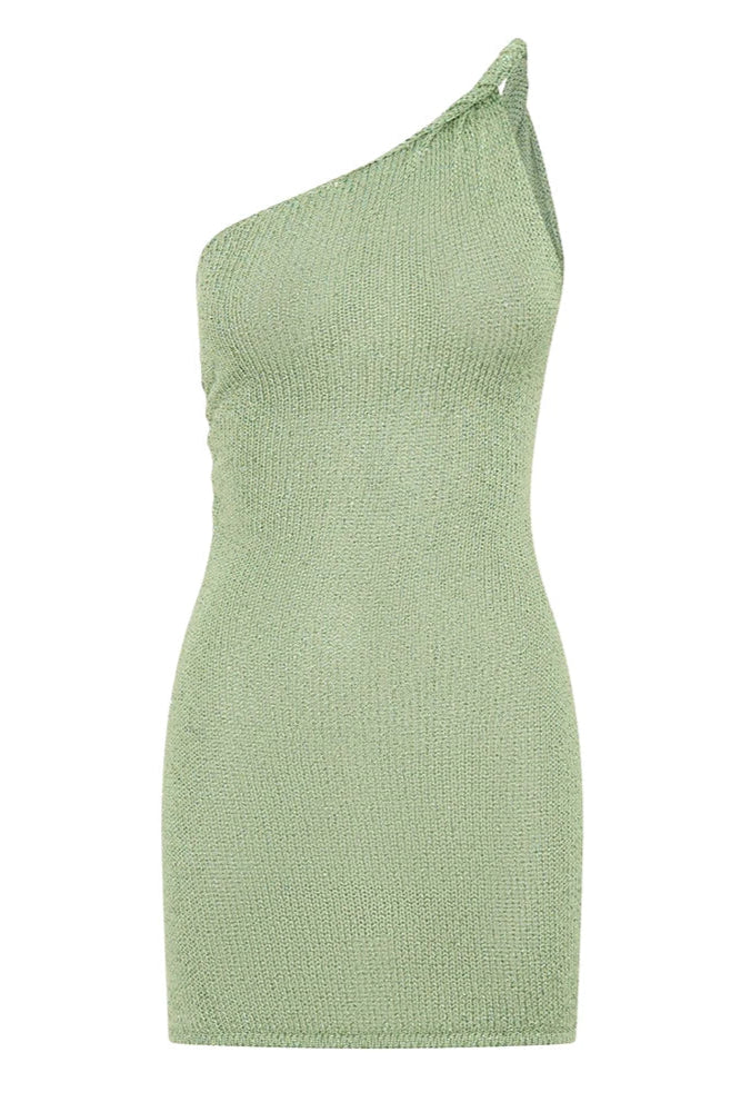 Green one-shoulder dress on a white background