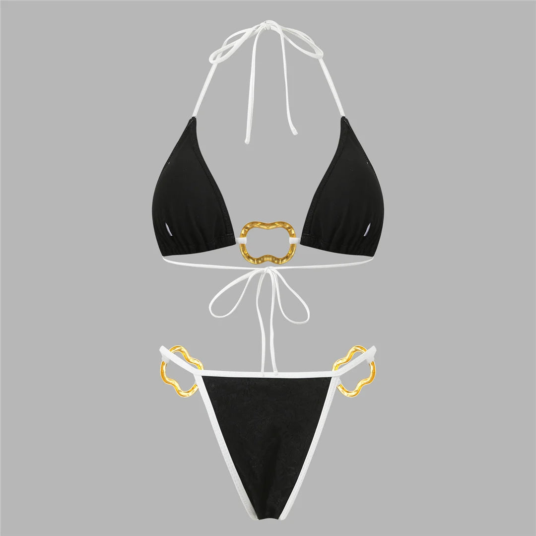 Halter neck and metal accent with pads adds subtle shine while delivering secure fit as a versatile swimwear essential.