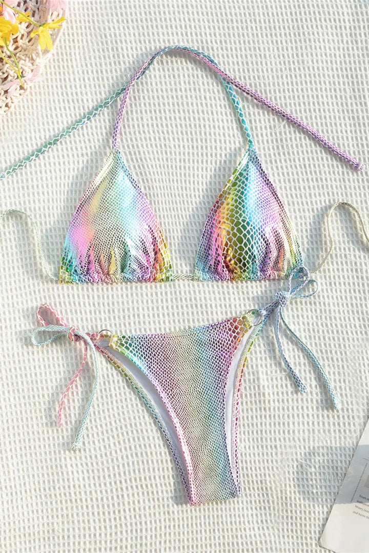 Iridescent bikini set halter neck and lace up bottom