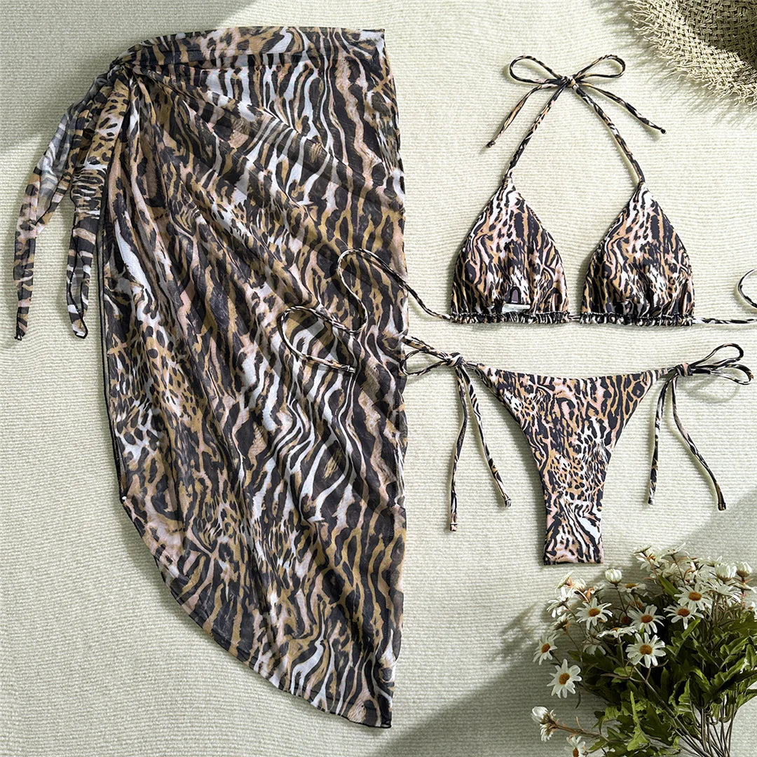 Leopard print bikini set with matching sarong cover up
