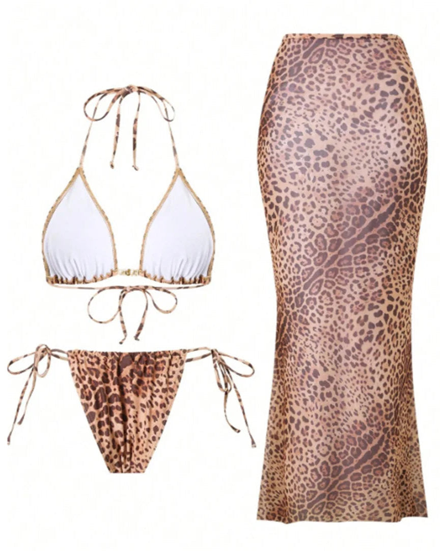 Leopard print bikini set with matching skirt cover up 