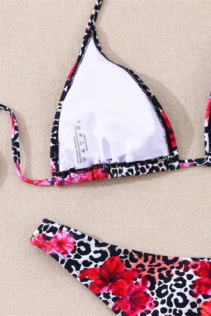 Leopard print halter neck padded bikini with red floral 
