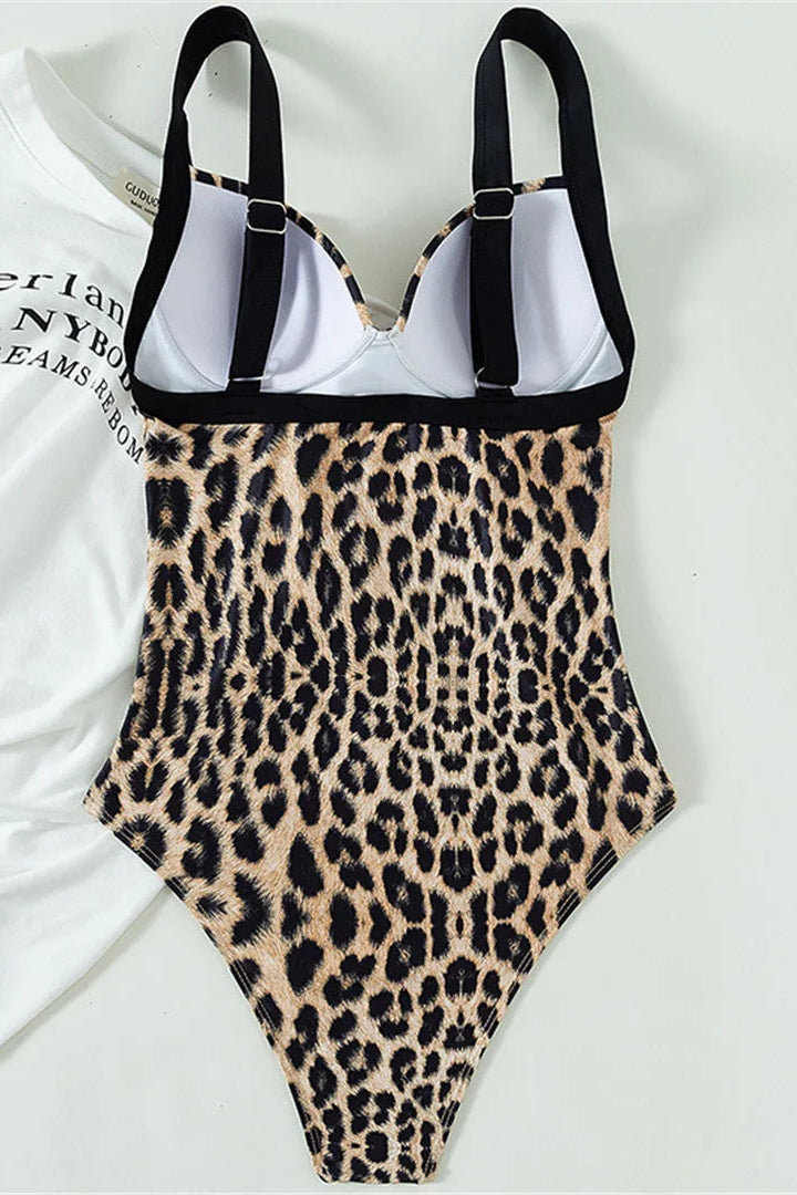 Leopard print monokini with black straps 