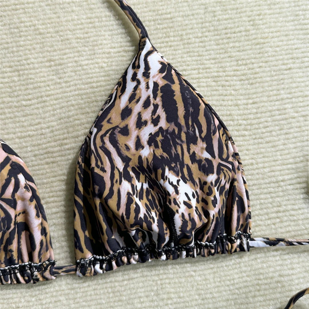 Leopard print padded halter neck bikini top 